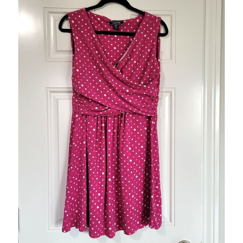 Lands End Pink Polka Dot Faux Wrap Dress Size M (10-12) Sleeveless Pima Cotton